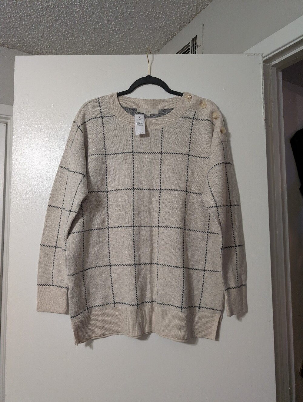 LOFT Cream Windowpane Button-Shoulder Pullover Sweater NWT